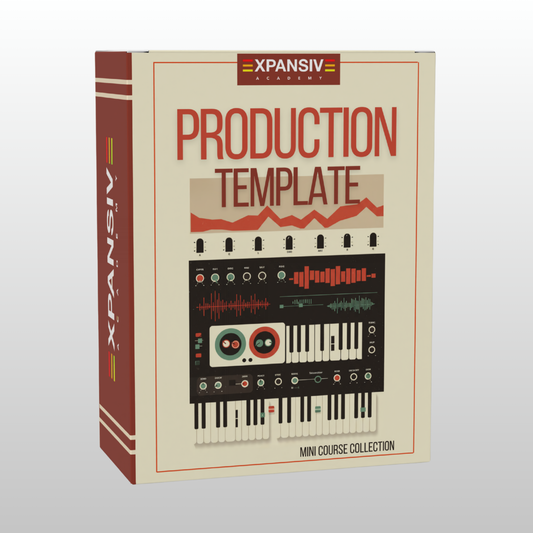 Box for Expansive Academy Production Template with music equipment illustration on a white background